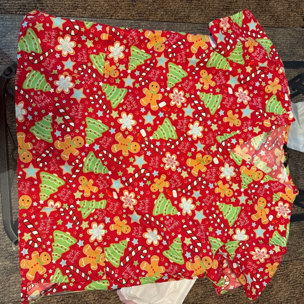 Festive Red Holiday Shirt with Gingerbread and Tree Print